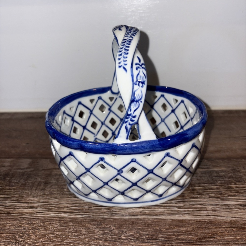 Blue & White Ceramic Reticulated Floral Basket Twisted Handle Table Decor